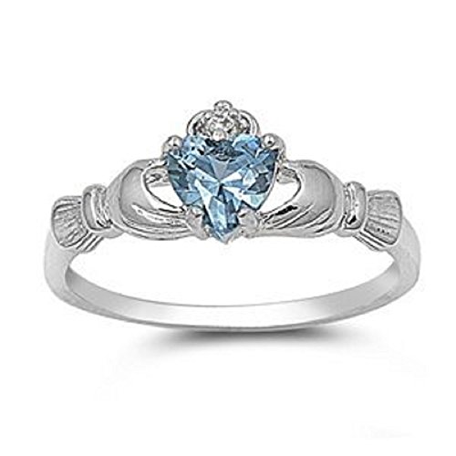 9MM Sterling Silver Simulated Blue Simulated AQUAMARINE ROYAL HEART Claddagh Ring 4-10