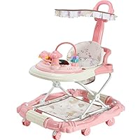 PLAFUETO 3 in 1 Baby Walker Rocking Horse Walk-Behind Walker Rollover Prevention 8 Silent Wheels Adjustable Seat Height Double Parking Brakes 2 Push Bars Canopy Pink