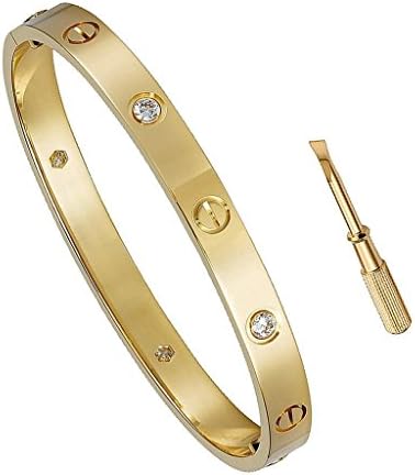 Plazar Birthday Gift for Her Love Bracelet- Titanium Steel Screw Hinged Cuff Bangle Bracelet Yellow Gold w/CZ Stone 6.5IN