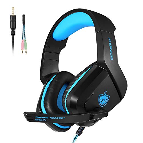 PHOINIKAS H1 3.5MM Xbox One Gaming Headset,PS4 Headset for PC, Laptop, Mac, iPad, Nintendo Switch Games, Over Ear Headphone with Microphone，Bass Surround，LED Light,Soft Memory Earmuffs(Blue)