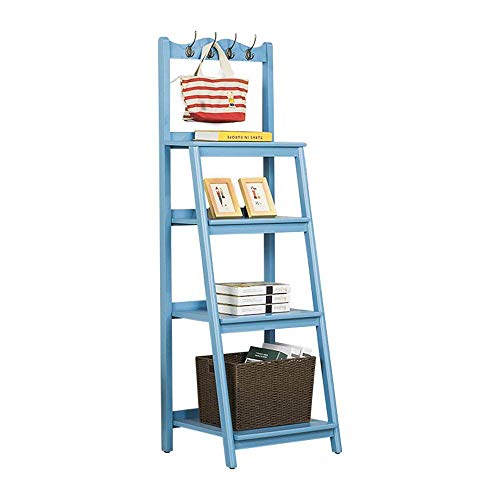 Wisdom Shelving & Storage Multilayer Wooden Rack Ladder Bookcase Ladder Shelf Framestorage Display Rack with 4 Shelves 4 Hooks Sturdy Durable,Blue
