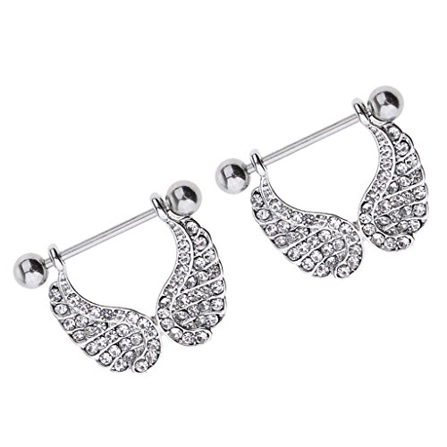 Dolity 1 Pair Stainless Steel Accent Angel Wings Nipple Shield 16g Full Crystal 16g - White - Thumbnail 4