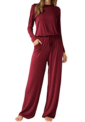 LAINAB Womens Casual Long Sleeves O Neck Jumpsuits Rompers with Pockets Wine M