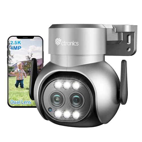 Ctronics 2.5K 4MP Dual Lens Security Camera Outdoor Wired, 2.4/5GHz WiFi Camera with 6X Hybrid Zoom, 360° PTZ Surveillance IP Camera, Auto Tracking, Motion/Person Detection, Color Night Vision, IP66