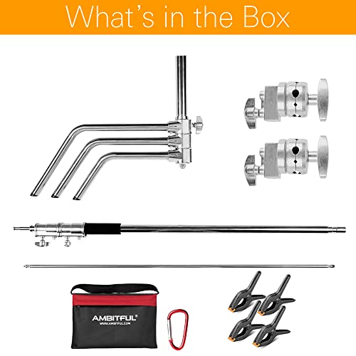 AMBITFUL Heavy Duty Stainless Steel C Stand with Boom Arm - Max Height 320cm/10.5ft Photography Light Stand with 128cm/4.2ft Clamping Arm, 2 Grip Heads