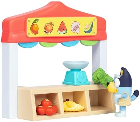 Mini sets de jeu Bluey . Set de jeu Bluey Le stand de marché . Inclus : figurine Bluey articulée, sac de courses, accessoires et billets