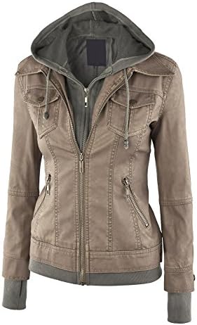 Come Together California WJC664 Womens Faux Leather Jacket With Hoodie M Khaki