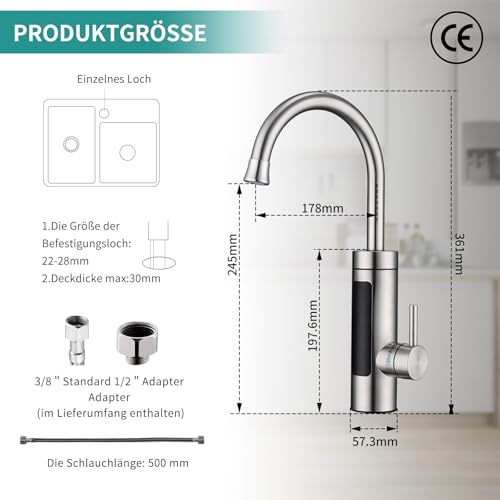 HOMELODY Electric Tap with Instantaneous Water Heater 230 V Kitchen LED Electric Kitchen Tap Stainless Steel 360° Swivel Hot Water Boiler Kitchen Tap Camping Tap