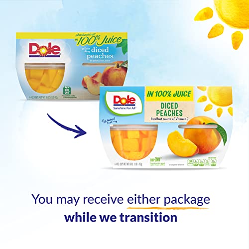 Dole Fruit Bowls, Diced Peaches in 100% Fruit Juice, Back To School, Gluten Free Healthy Snack, 24 Count, 4 Ounce Cups