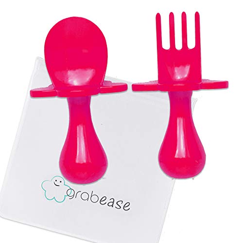 GRABEASE First Training Self Feed Baby Utensils - Anti-Choke, BPA-Free Baby Spoon and Fork Toddler Utensils with Pouch Set - Toddler Silverware for Baby Led Weaning Ages 6 Months+, Pink