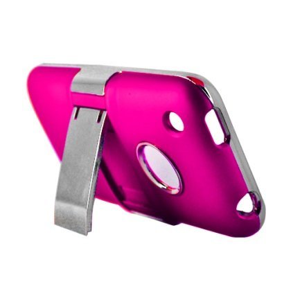 Hot Pink With Stand Steel Texture Faceplate Hard Plastic Protector Snap-On Cover Case For Apple iPhone 3GS