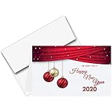 2020 Happy New Year Cards & Envelopes | Christmas, Holiday, Xmas, New Yrs Red Thank You Greeting Card Set â€“ 25 Half Fold Cards & A7 Envelopes | 5 x 7 Inches