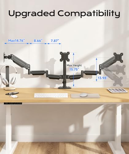 Pholiten Triple Monitor Stand Mount-Gas Spring Stand with Clamp and Grommet Base, Fully Adjustable Desk Mount Fits Three 17-27 inch LCD Computer Screens, Each Arm Holds up to 13.2lbs,(MD8003) …