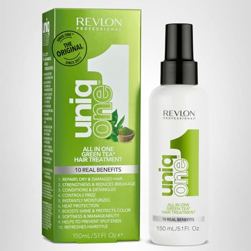 REVLON PROFESSIONAL UNIQONE HAIR TREATMENT, MOISTURIZING LEAVE-IN PRODUCT, REPAIR FOR DRY AND DAMAGED HAIR, PROMOTES HEALTHY HAIR, GREEN TEA FRAGRANCE, 5.1 FL OZ (PACK OF 1)