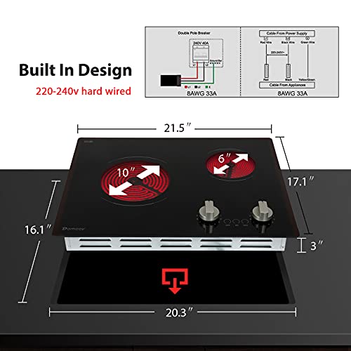 2 Burner Electric Cooktop, Builtin 21 Inch 3700W Electric Stove Top