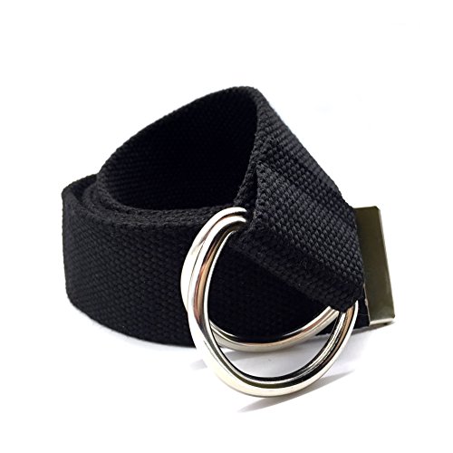Canvas Web Belt Double D-ring Buckle 1 1/2 Inch Wide 54 Inch Long with Metal Tip Solid Color Black