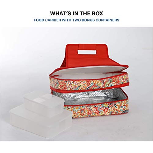 Picnic Plus 18" Casserole Carrier 2 Level Thermal Insulated Hot and Cold Food Carrier Double Layer Food Carrier Bag Potluck Carrier With Bonus Containers (Sunlight Bloom)