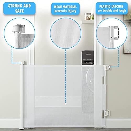 AM ANNA Retractable Baby Pet Gate for Stairs, Mesh Dog Gate for House Doorways Hallways, 33" Tall Extra Wide Child Safety Gate for Kids Pets, Indoor and Outdoor (White, 33x59 Inch)
