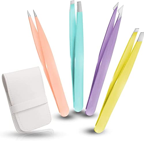 4 Pcs Eyebrow Tweezers Set for Facial Hair, Splinter and Ingrown Hair Removal