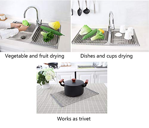 17.7" x 11.5" Long Dish Drying Rack, Attom Tech Home Roll Up Dish Racks Multipurpose Foldable Stainless Steel Over Sink Kitchen Drainer Rack for Cups Fruits Vegetables
