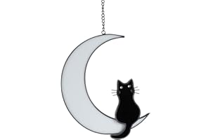 Vindar White Cat Sit On The Blue Moon Stained Glass Window Hangings Ornament Cat Memorial Gifts for Cat Lovers, Friends, Gift for Grandma (White)