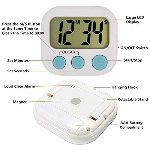 4 Pack Digital Kitchen Timer Magnetic Back Big LCD Display Loud Alarm Minute Second Count Up Countdown With ON/OFF Switch For Kitchen, Homework, Exercise, Game(4 White)