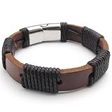 KONOV Mens Surfer Brown Leather Bracelet Stainless Steel Clasp, 12mm - 8