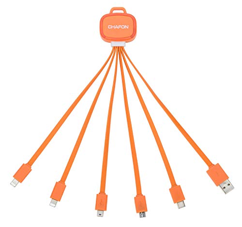CHAFON Multi Charging Cable Short 6 in 1 USB Charger Cord with USB 2.0,Type C,Micro B,Mini B,Phone Connectors Compatible with Android, Samsung, HTC, Nokia, Sony and More(Orange)