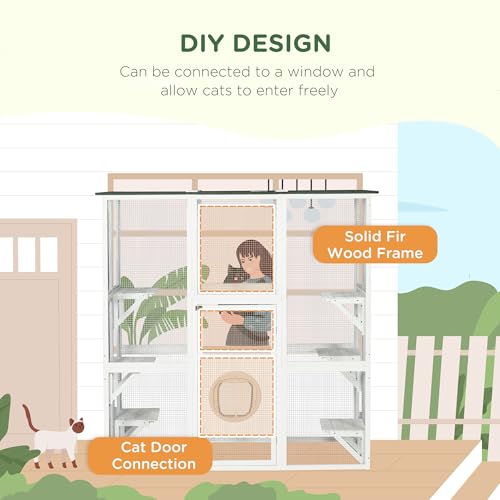 PawHut Outdoor Catio Cat Enclosure, Large Weatherproof Cat House with Asphalt Roof, 6 Jumping Platforms, Wooden Walk-in Kitty Cage for Multiple Kittens, 71" x 39" x 71", White