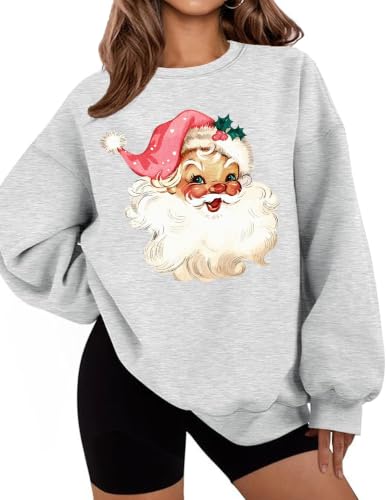 LETSEE Cute Christmas Sweatshirts for Women Santa Claus Graphic Pluz Size Soft Fleece Pullover Sweaters Winter Clothes, C-Grey, XX-Large at Amazon