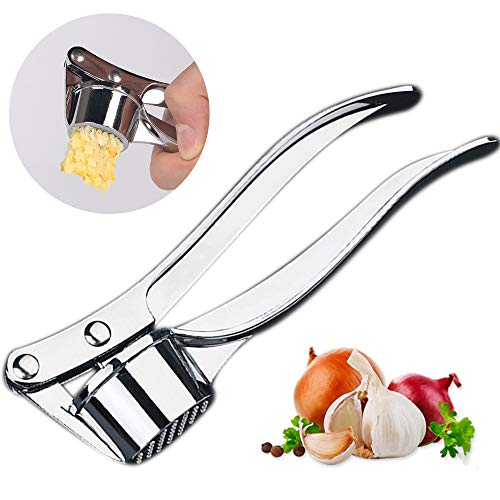 ISKM Garlic Press Mincer Ginger Crusher Peeler Squeezer Heavy Duty Stainless Steel Garlic Presser Chopper Professional Food Prep Grade Dishwasher Safe Easy to Clean