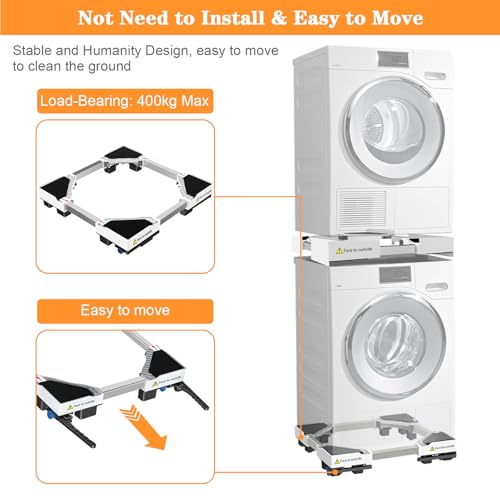 NIUXX Universal Washing Machine Base Frame with Wheels and Brake (7 cm) | Anti-vibration function, adjustable size for 42-69 cm stacked washing machines and dryers, load capacity 400 kg