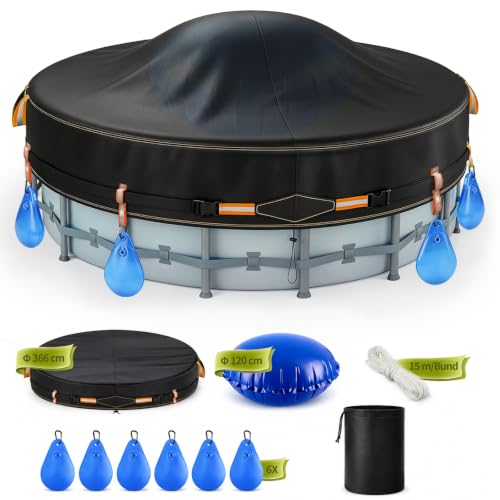 Round Pool Cover 366 cm Kit with Pool Cushion, 6 Hydrated Weight Bags | 420D Oxford UV Protection Overground Swimming Pool Cover with Clip Buckles and Drawstring