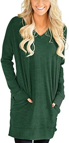 XUERRY Womens Casual V-Neck Long Sleeves Pocket Solid Color Sweatshirt Tunics Blouse Tops (S, Green)