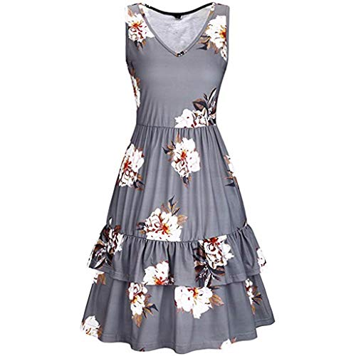 Witspace Women's Beach Summer V-Neck Floral Printed Sleeveless Ruffle Swing Dress