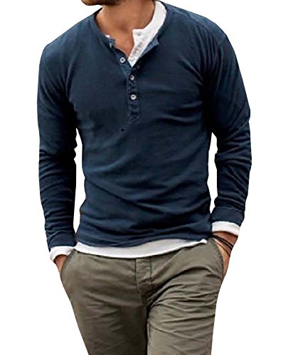 Karlywindow Men's Casual Solid Crew Neck Workwear Long Sleeve Henley Shirt