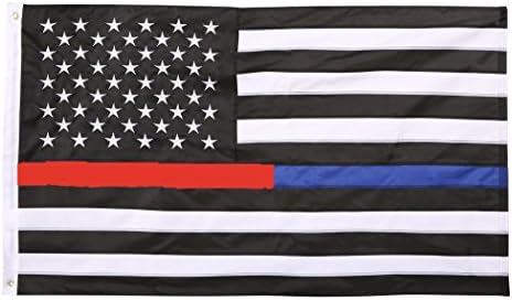 3x5 Thin Blue Line Police &amp; Thin Red Line Flag X5 Foot with Embroidered Stars Sewn Stripes and Grommets Oxford Firefighter Respect And Honor Law Enforcement First Responder US Flag 3x5 foot USA