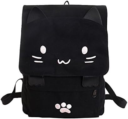 AERLIS Cute Canvas Cat Print White Backpack School Bag Light Weight Book Bags (Pink)