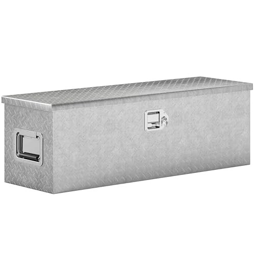 HOMCOM 48 Inch Truck Bed Tool Box, Heavy Duty Aluminum Diamond Plate Trailer Tongue Box with Side Handle and Locks Keys, Storage Organizer for Trailers, RVs, Pick Up