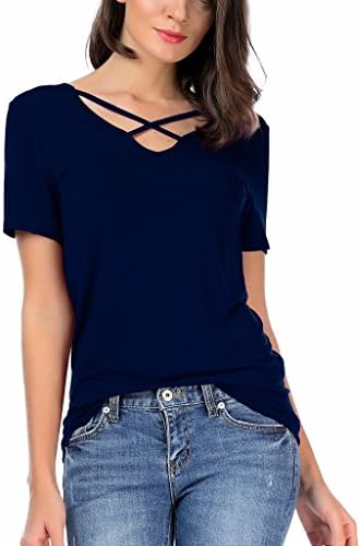 Carterstory Women Summer Tops Cross Front Deep V-Neck Short Sleeve Tees Top NavyBlue S