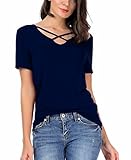 Carterstory Women Summer Tops Cross Front Deep V-Neck Short Sleeve Tees Top NavyBlue S