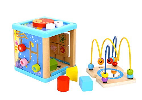 Pidoko Kids Sea Theme Activity Cube for Toddlers - Wooden Toy for 18 Months and up Boys and Girls