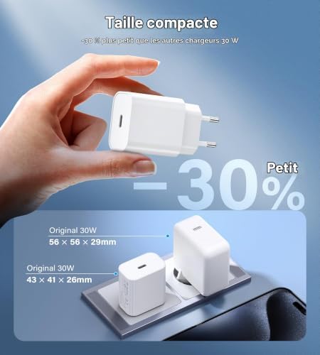 30W Chargeur i-Phone, Chargeur USB C, PD 3.0 Chargeur Rapide, Adaptateur USB-C Alimentation Compatible avec i-Phone 16/15/14/13/12 Plus Pro Max Mini, iPad, Samsung Galaxy S24/S23/22