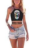 JomeDesign Women's Summer Halter Cross Hollow Boho Bandage Tank Camis Crop Top Vest,Skull,One Size