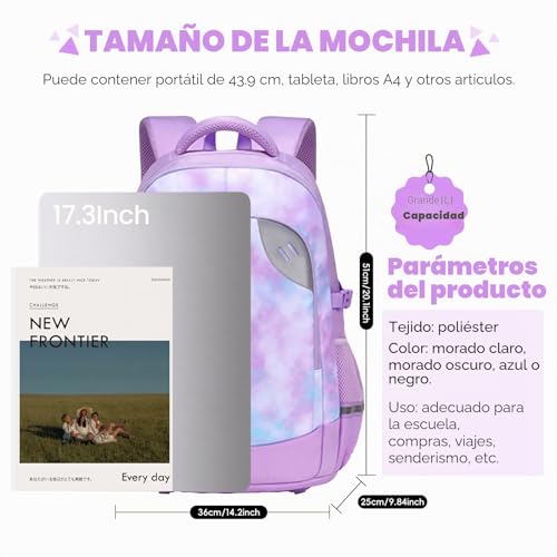 Amythe School Backpack Teenager Girl 46L, Grand Backpack School Girl Waterproof and Lightweight for Youth Girl, Purple