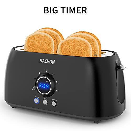 Toaster 4 Slice, Toaster 2 Long Slot, SACVON Retro Black Toasters