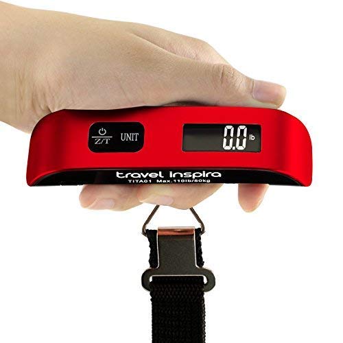 Travel Inspira Digital Hanging Postal Luggage Scale with Temperature Sensor Rubber Paint Technology White Backlight LCD Display 110LB / 50KG - Red