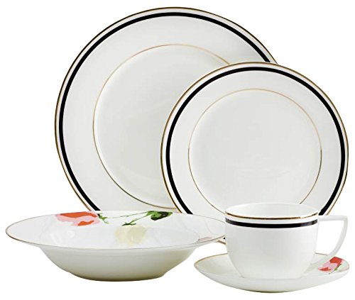 Safdie & Co. AM02317 Black/Gold Rim with Flower Capri Dinnerware Set, White
