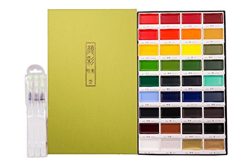 KURETAKE Gansai Tambi 36 Color Set ( MC2036V ) with JEINDEER Arts Water Brush Pen Assorted Tips Pack of 3