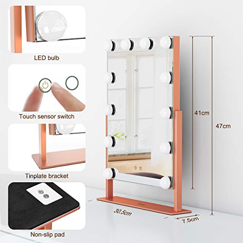 Ovonni Lighted Vanity Hollywood Makeup Mirror, Dimmable 360Â°Rotating Double-sided Tabletop Cosmetic Mirror with 12 LED Bulbs, Two Color Light Touch Control Memory Mode and Plug Powered, Rose gold